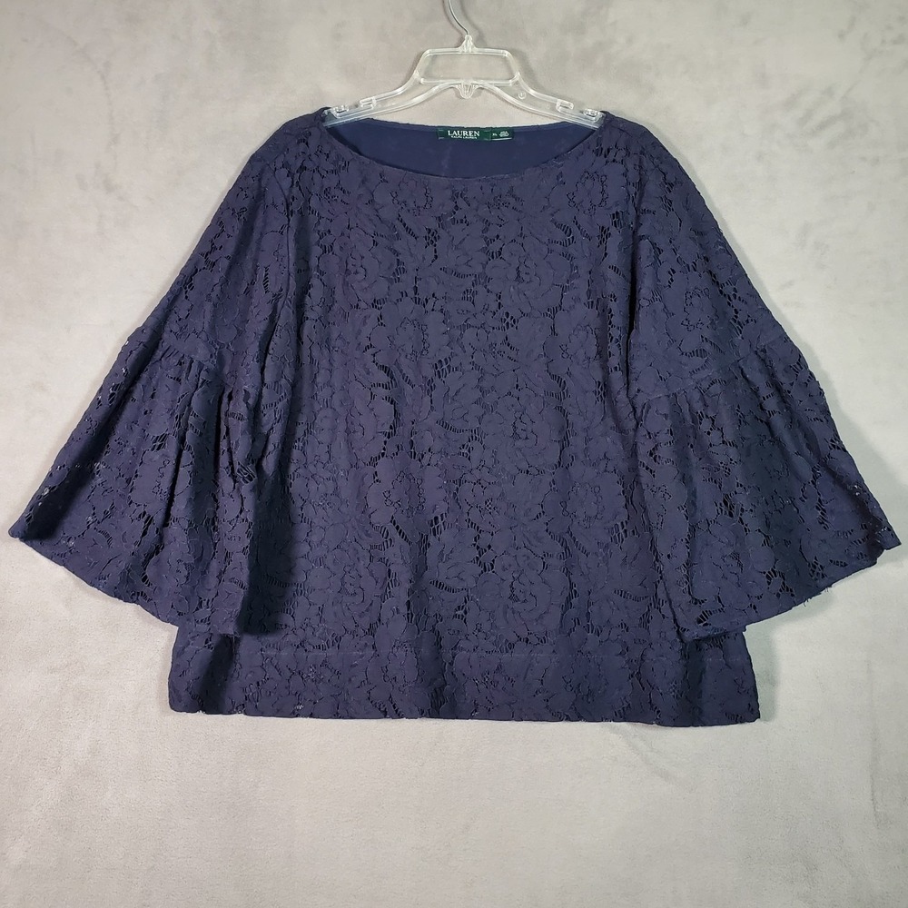 Lauren Ralph Lauren Top Womens XL Navy Blue Lace Bell Sleeve Romantic Classic - Picture 2 of 8